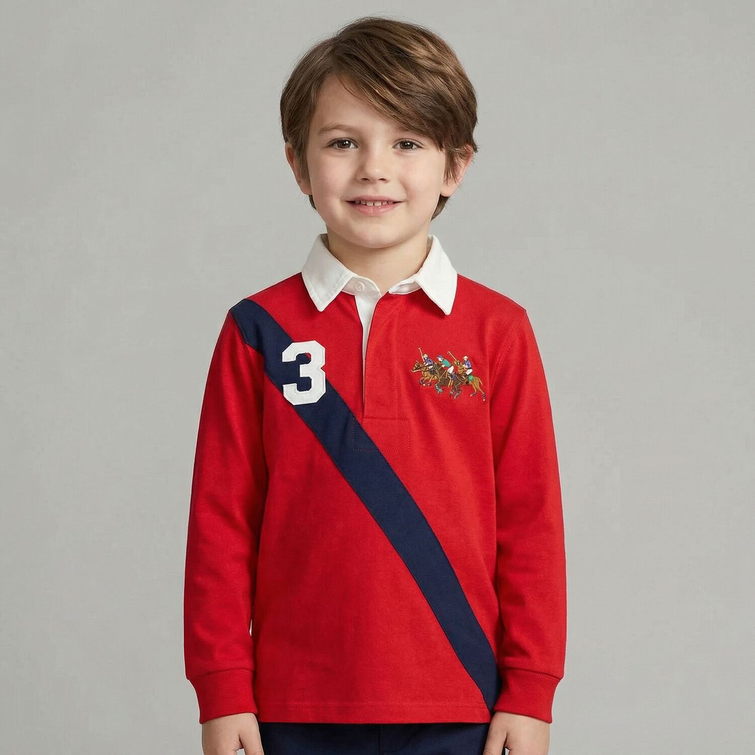Boys Red Triple Pony Logo Polo Shirt, 1, hi-res
