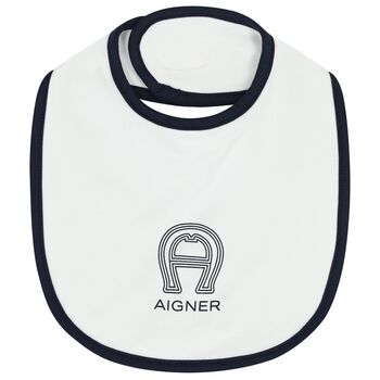 Baby Boys White & Navy Blue Logo Bib
