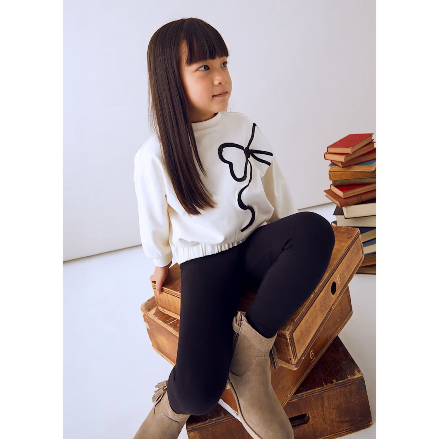 Girls Ivory & Black Bow Leggings Set, 1, hi-res