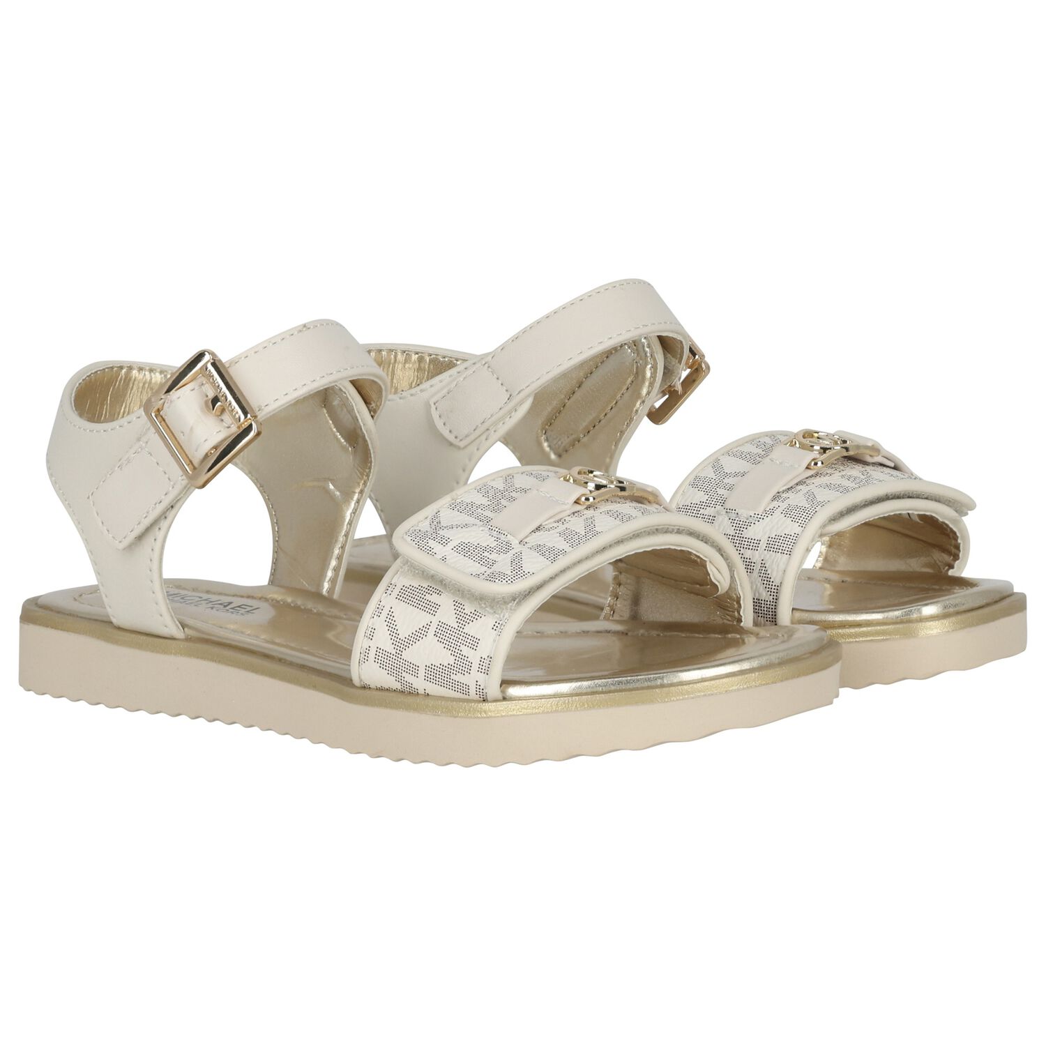 Girls Ivory & Gold Logo Sandals, 1, hi-res