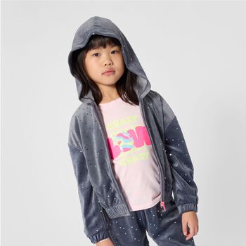 Girls Grey Dot Hooded Zip Up Top