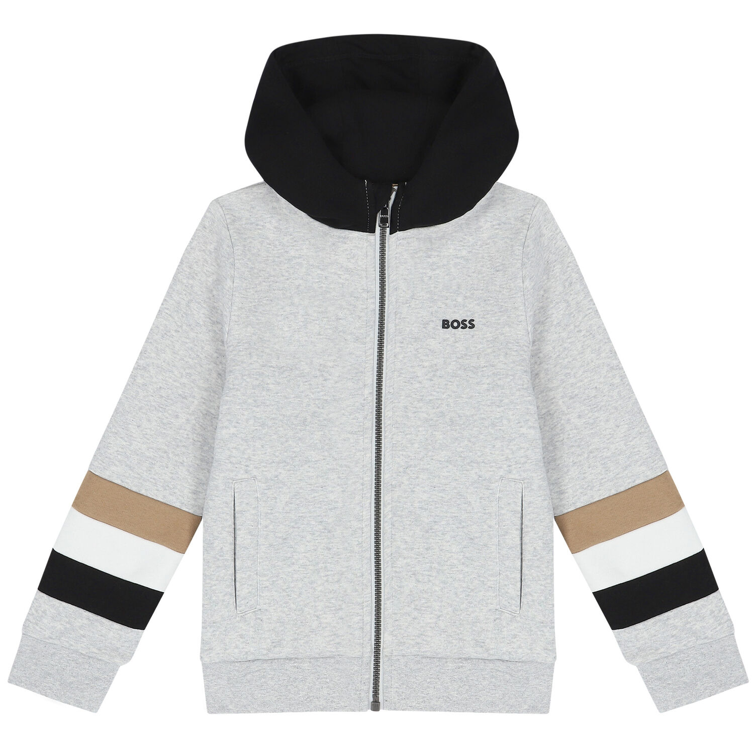 Boys Grey Logo Hooded Zip Up Top, 1, hi-res