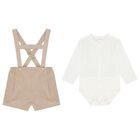 Baby Boys White & Beige Dungaree Set, 1, hi-res