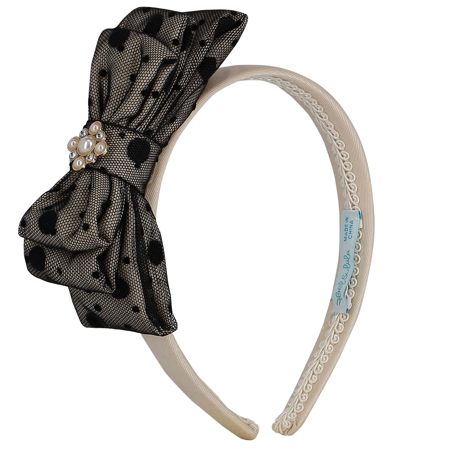 Girls Beige & Black Tulle Bow Headband, 1, hi-res image number null