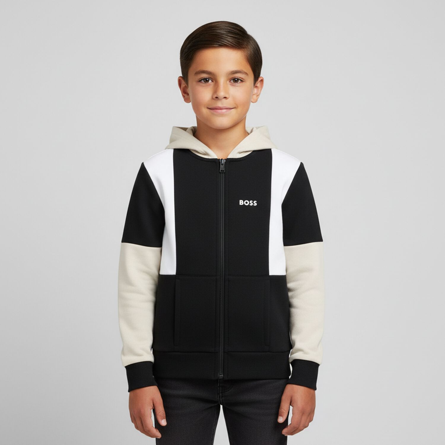 Boys Black & Ivory Logo Hooded Zip Up Top, 1, hi-res image number null
