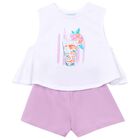Girls White & Purple Shorts Set, 2, hi-res