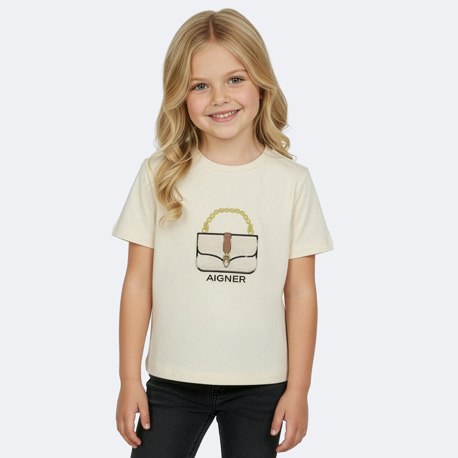 Girls Beige Logo Faux Fur Bag T-Shirt, 1, hi-res