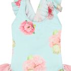 Girls Blue Floral Ruffled Swimsuit, 1, hi-res