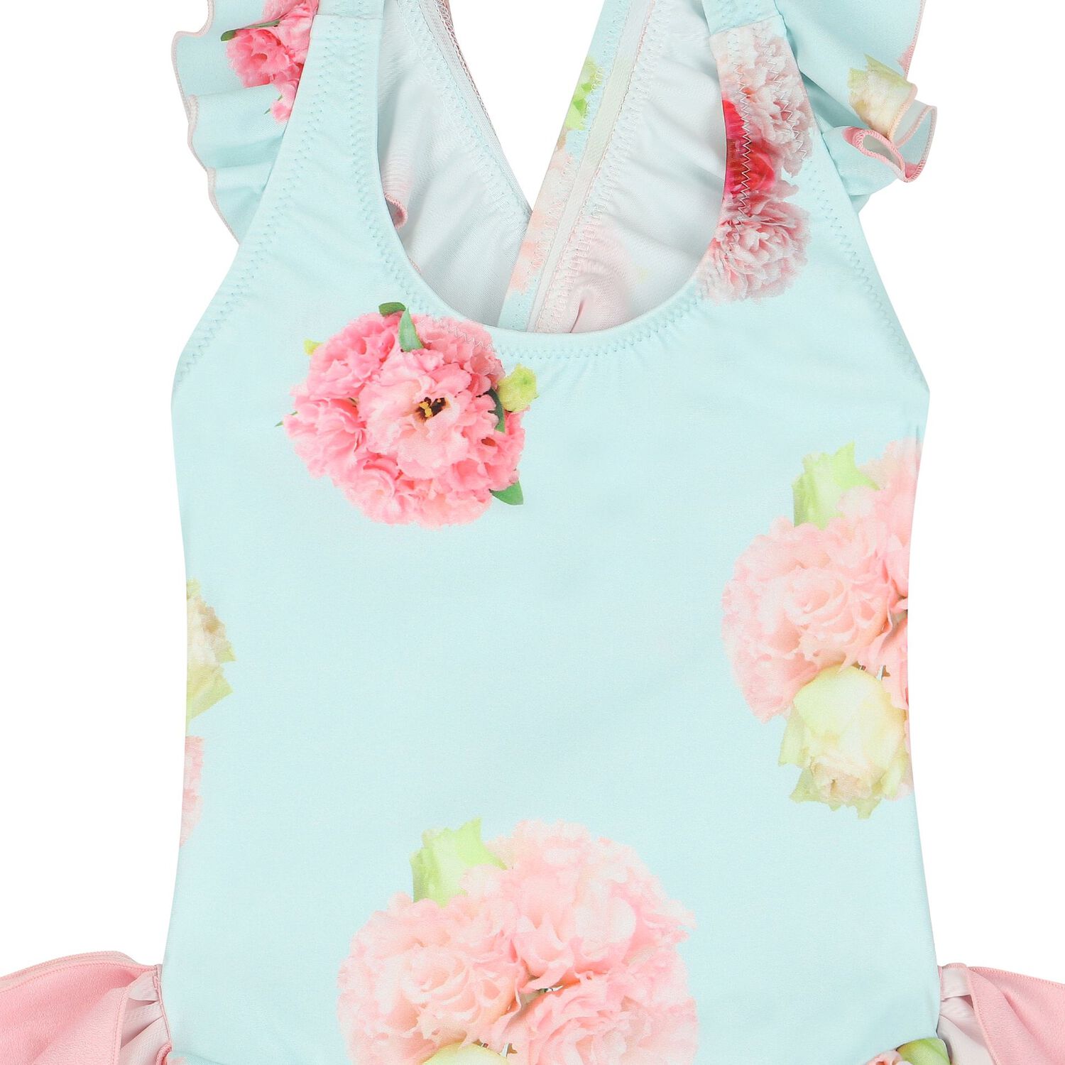 Girls Blue Floral Ruffled Swimsuit, 1, hi-res