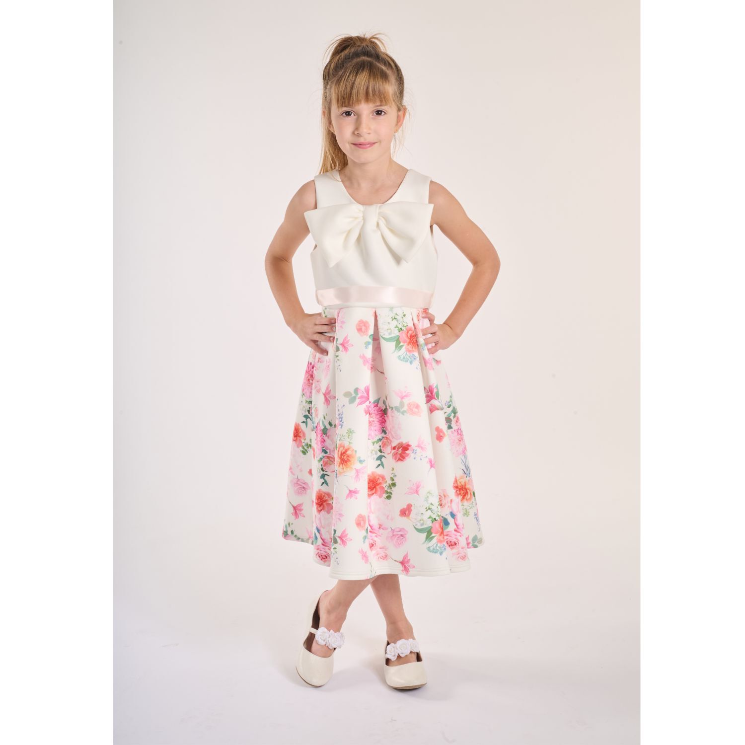 Girls White Floral Satin Dress, 1, hi-res image number null