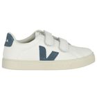 White & Blue Logo Leather Trainers , 1, hi-res