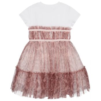 Girls White & Pink Logo Tulle Dress