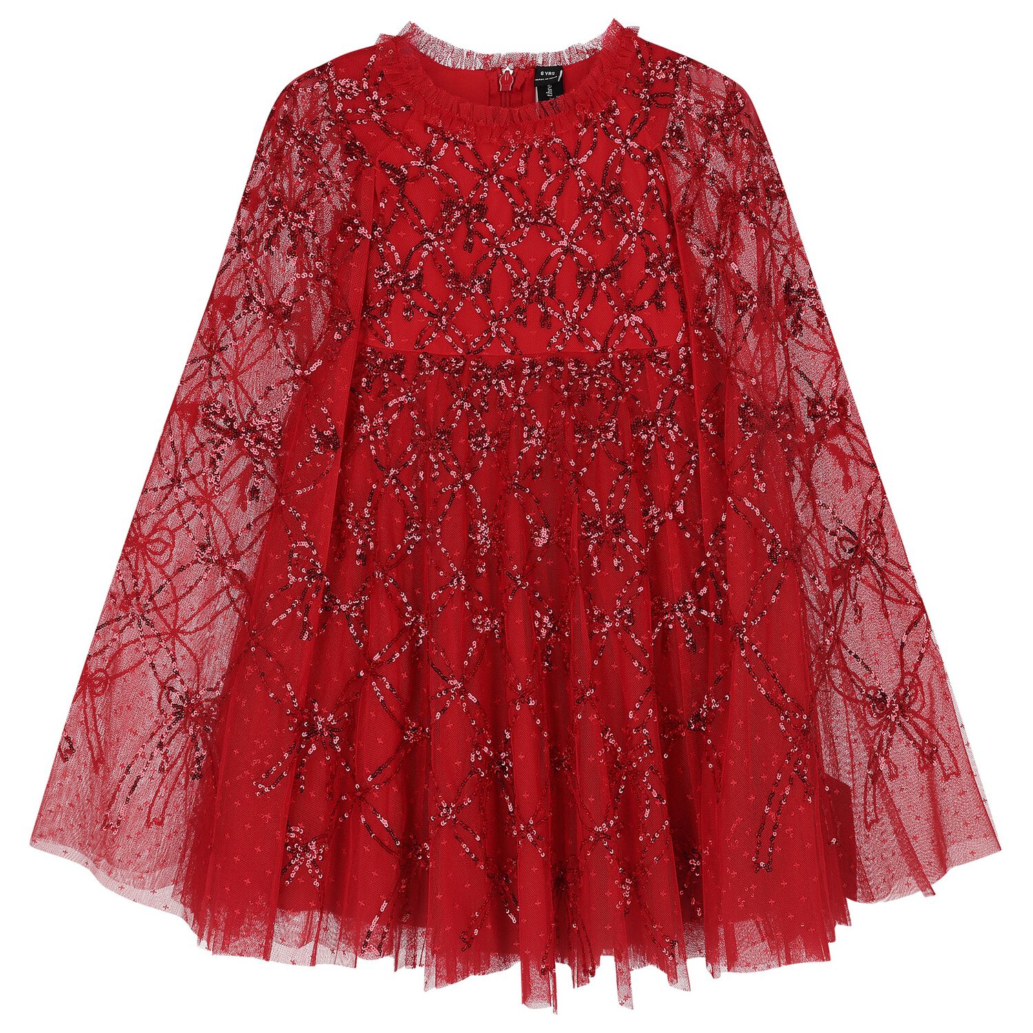 Girls Red Bow Lattice Sequin Cape Dress, 2, hi-res