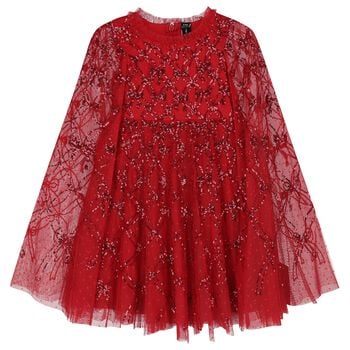 Girls Red Bow Lattice Sequin Cape Dress