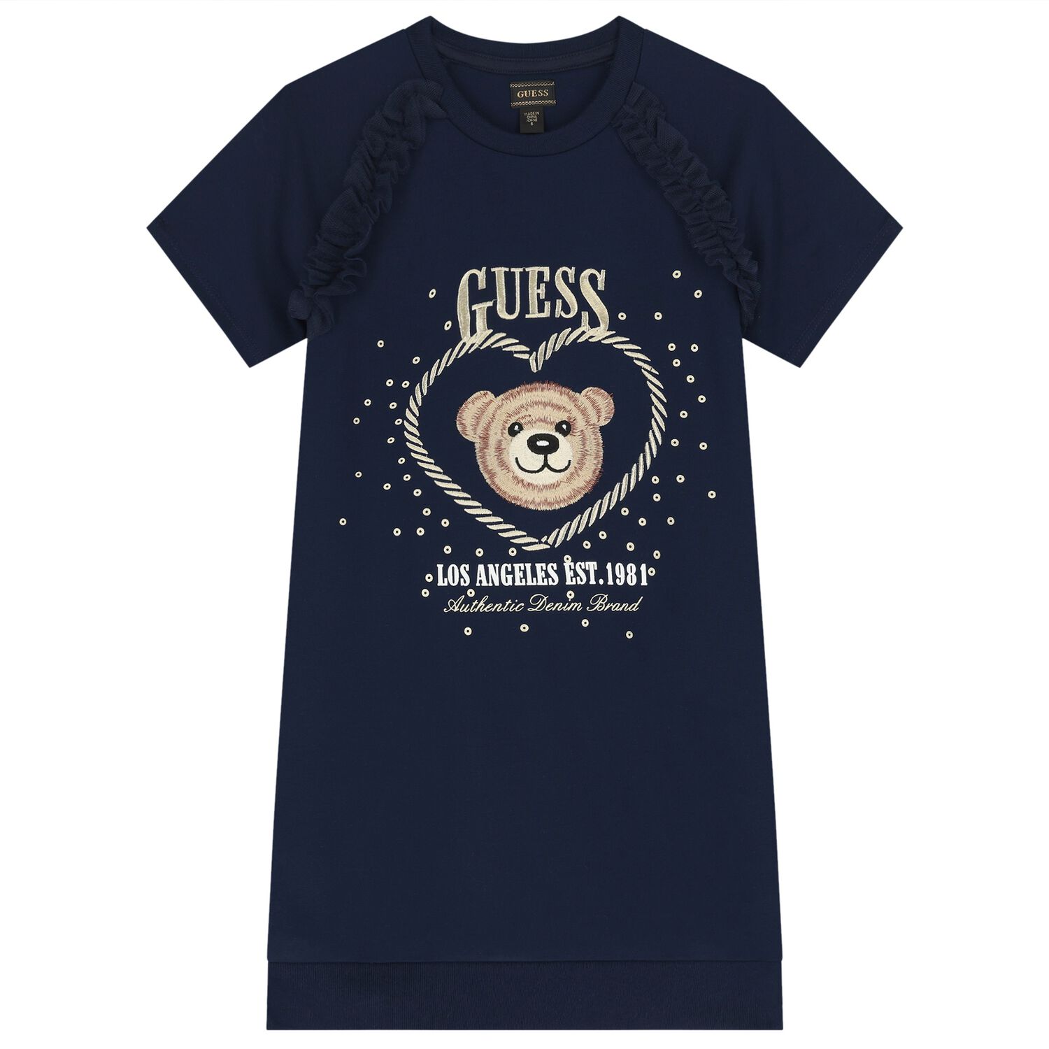 Girls Navy Blue Teddy Bear Logo Dress, 1, hi-res