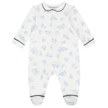 Baby Boys Ivory & Blue Logo Babygrow