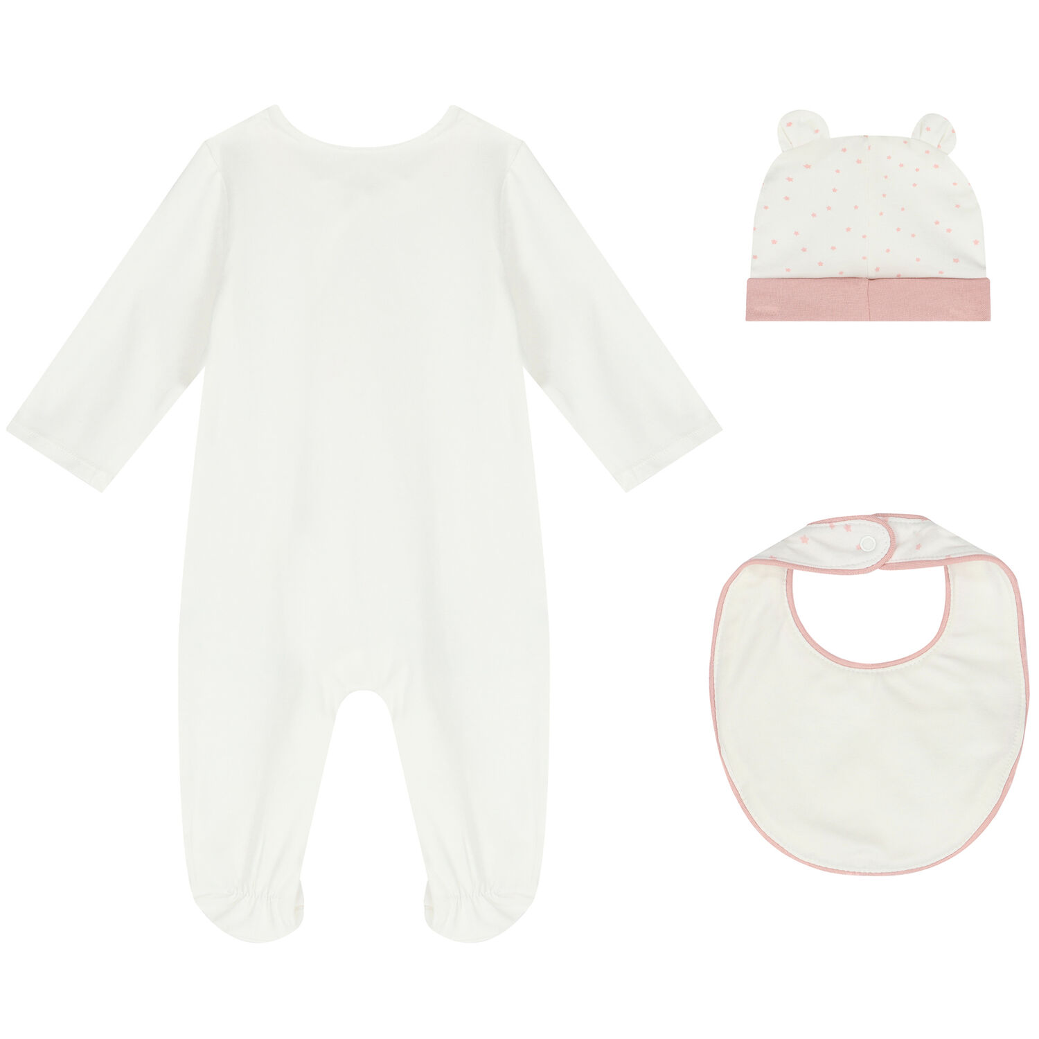 Girls Ivory & Pink Babygrow, Hat & Bib Set, 1, hi-res
