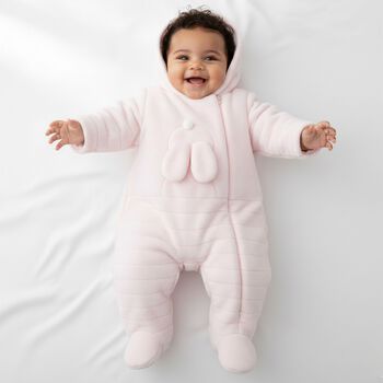 Baby Girls Pink Bunny Fleece Hooded Pramsuit