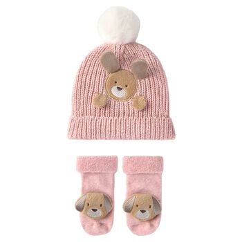 Baby Girls Pink Puppy Knitted Hat & Socks Set
