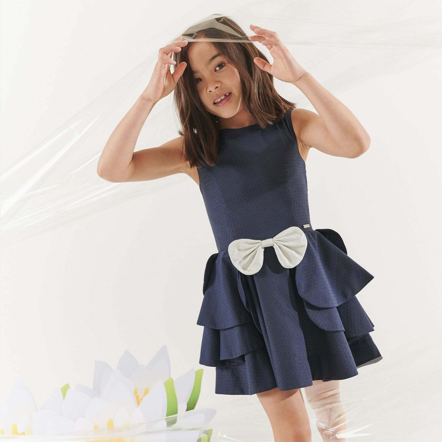 Girls Navy Sleeveless Dress, 1, hi-res