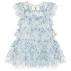 Girls Blue Floral Tulle Dress, 1, hi-res