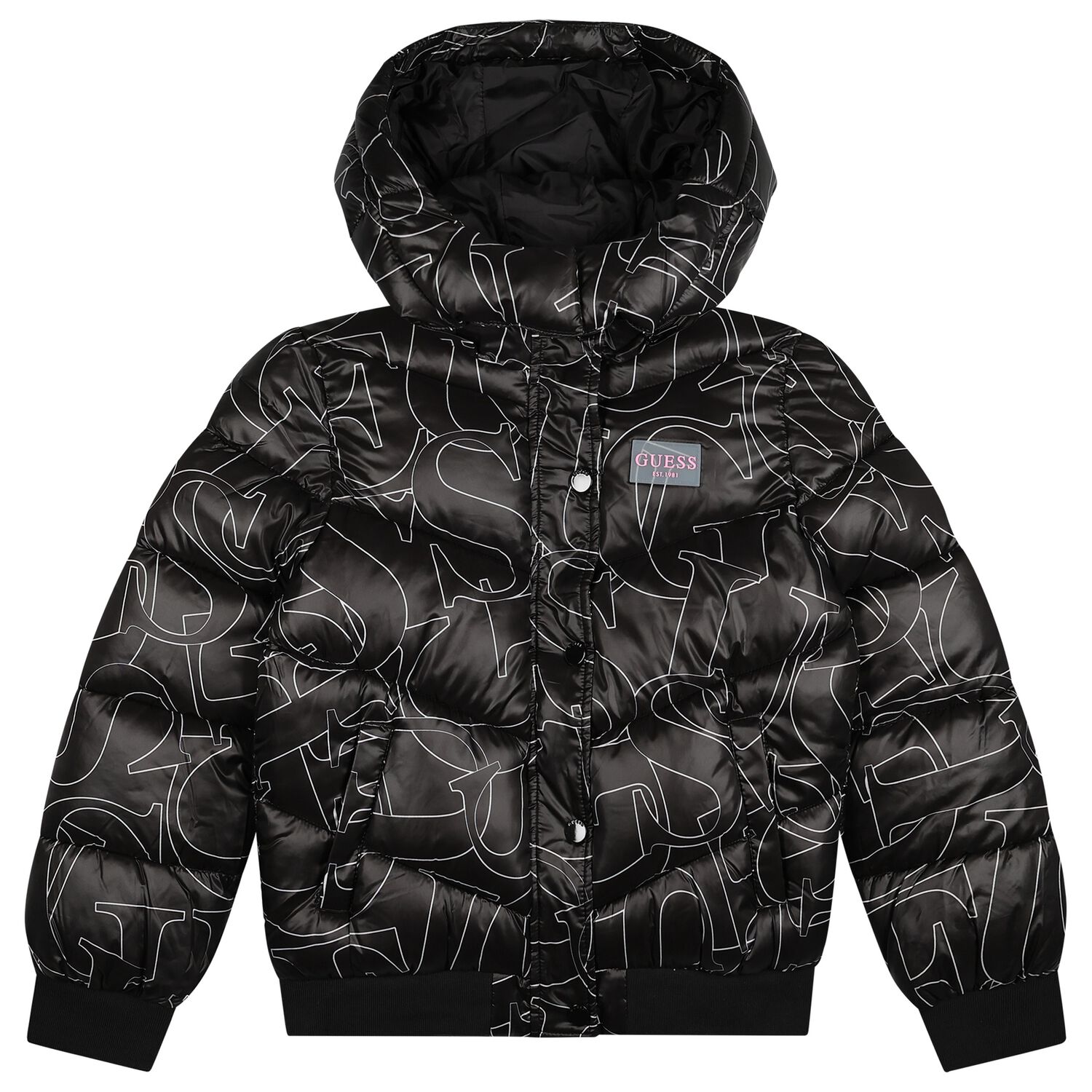 Girls Black Logo Puffer Jacket, 1, hi-res