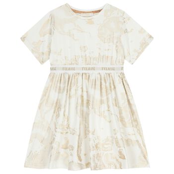 Girls White & Beige Geo Map Dress