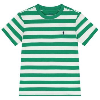 Boys White & Green Striped Logo T-Shirt