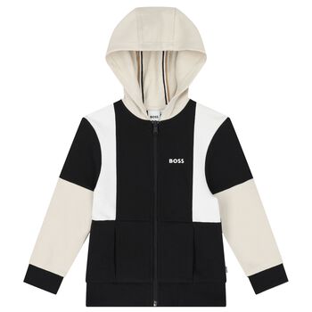 Boys Black & Ivory Logo Hooded Zip Up Top