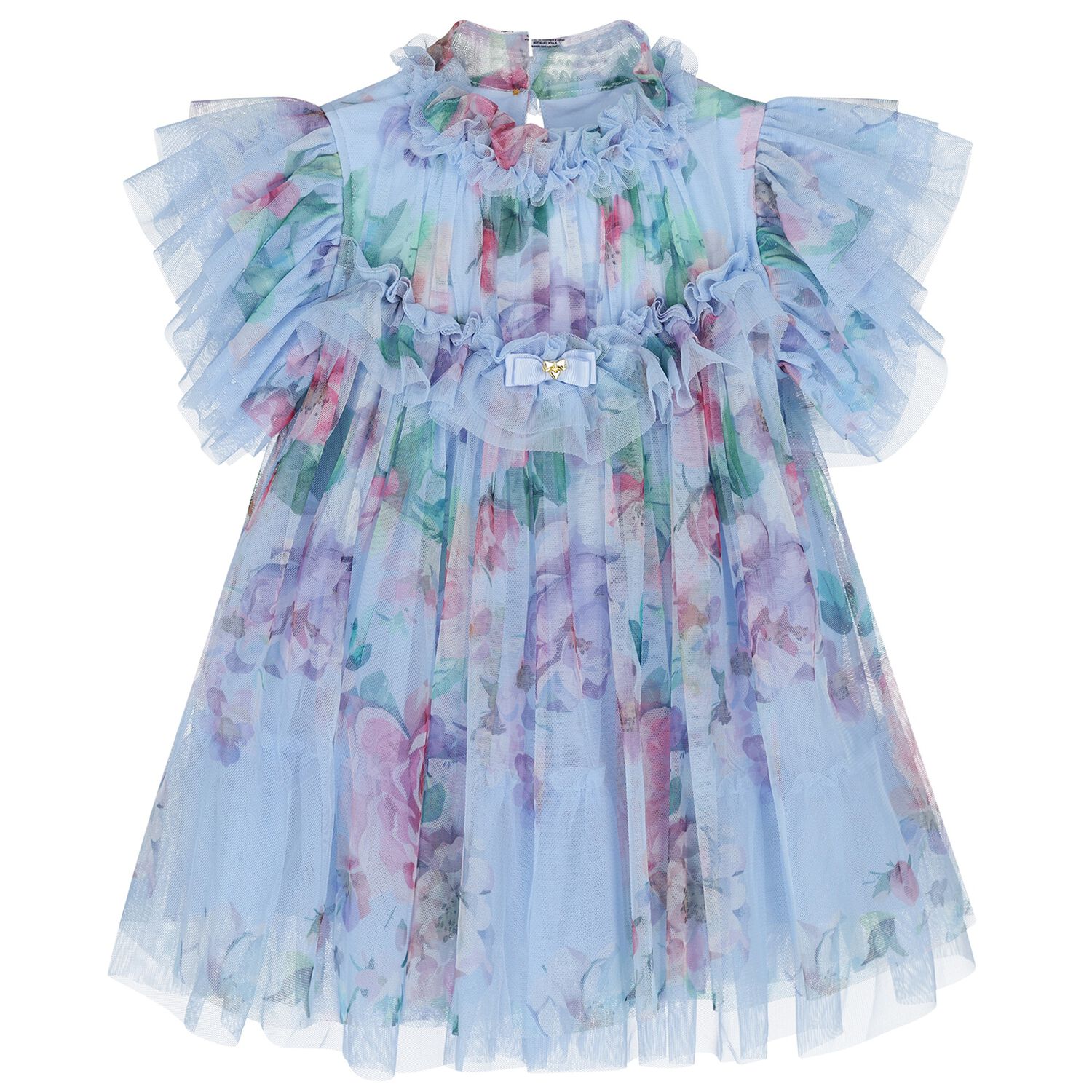 Baby Girls Blue Floral Tulle Dress , 1, hi-res