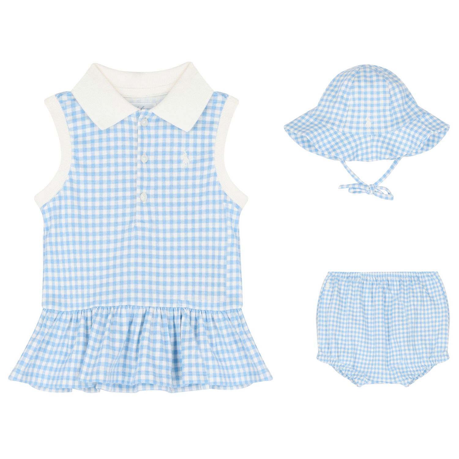 Baby Girls Blue Gingham Shorts & Hat Set, 1, hi-res