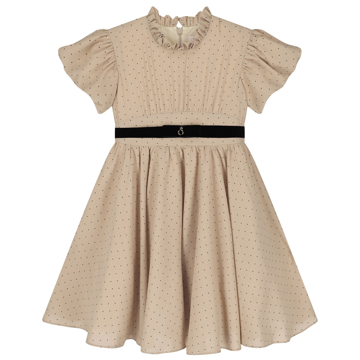 Girls Beige Dots Belted Dress, 1, hi-res