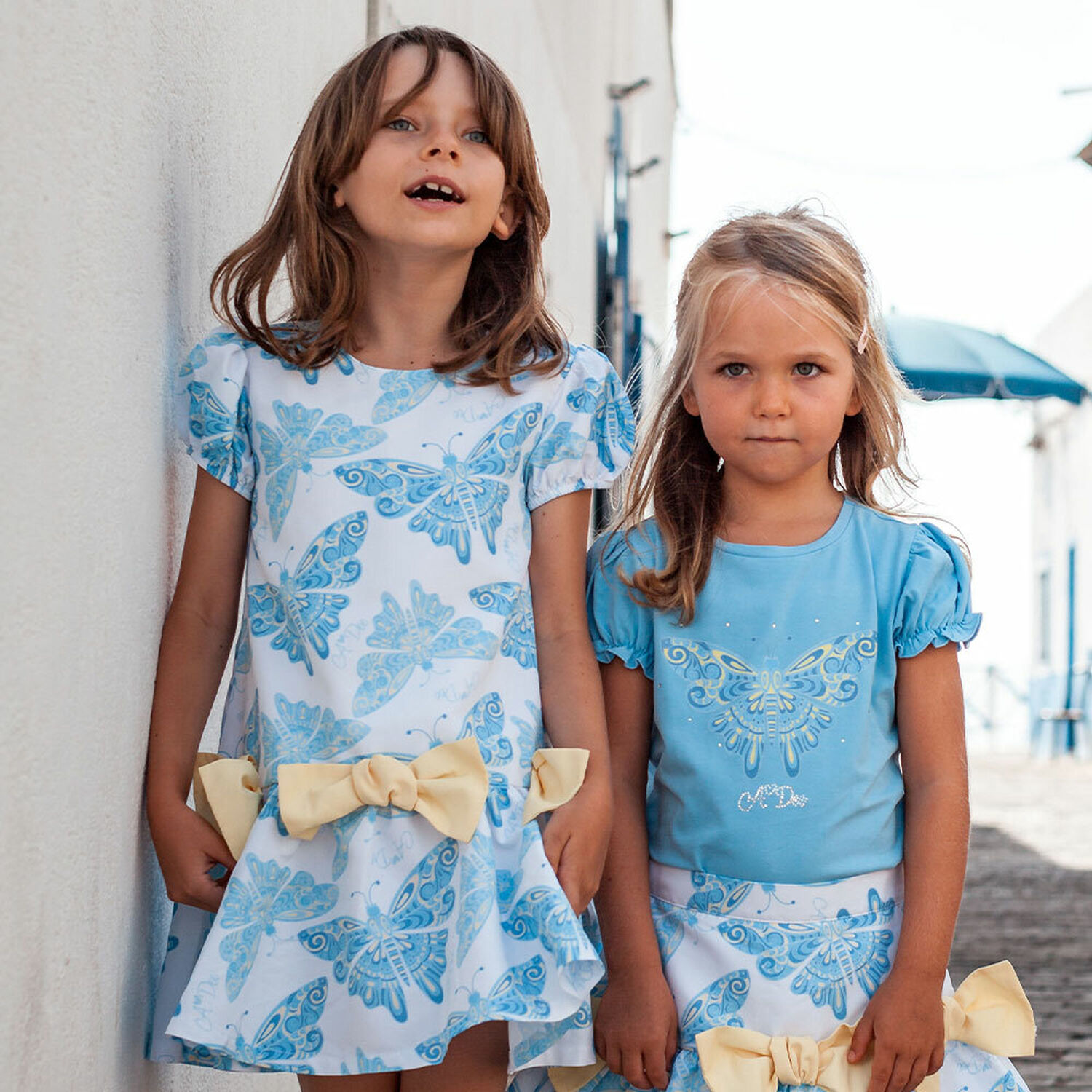 Girls White & Blue Butterfly Dress, 1, hi-res