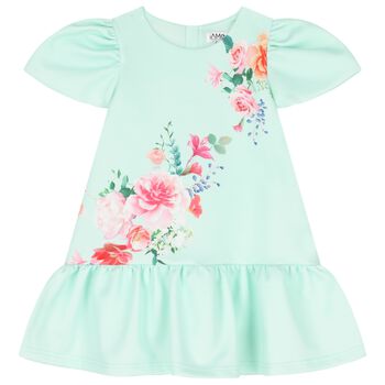Girls Green Floral Satin Dress