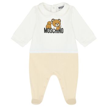 White & Beige Teddy Bear Logo Babygrow