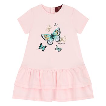 Younger Girls Pink Butterflies Logo Dress