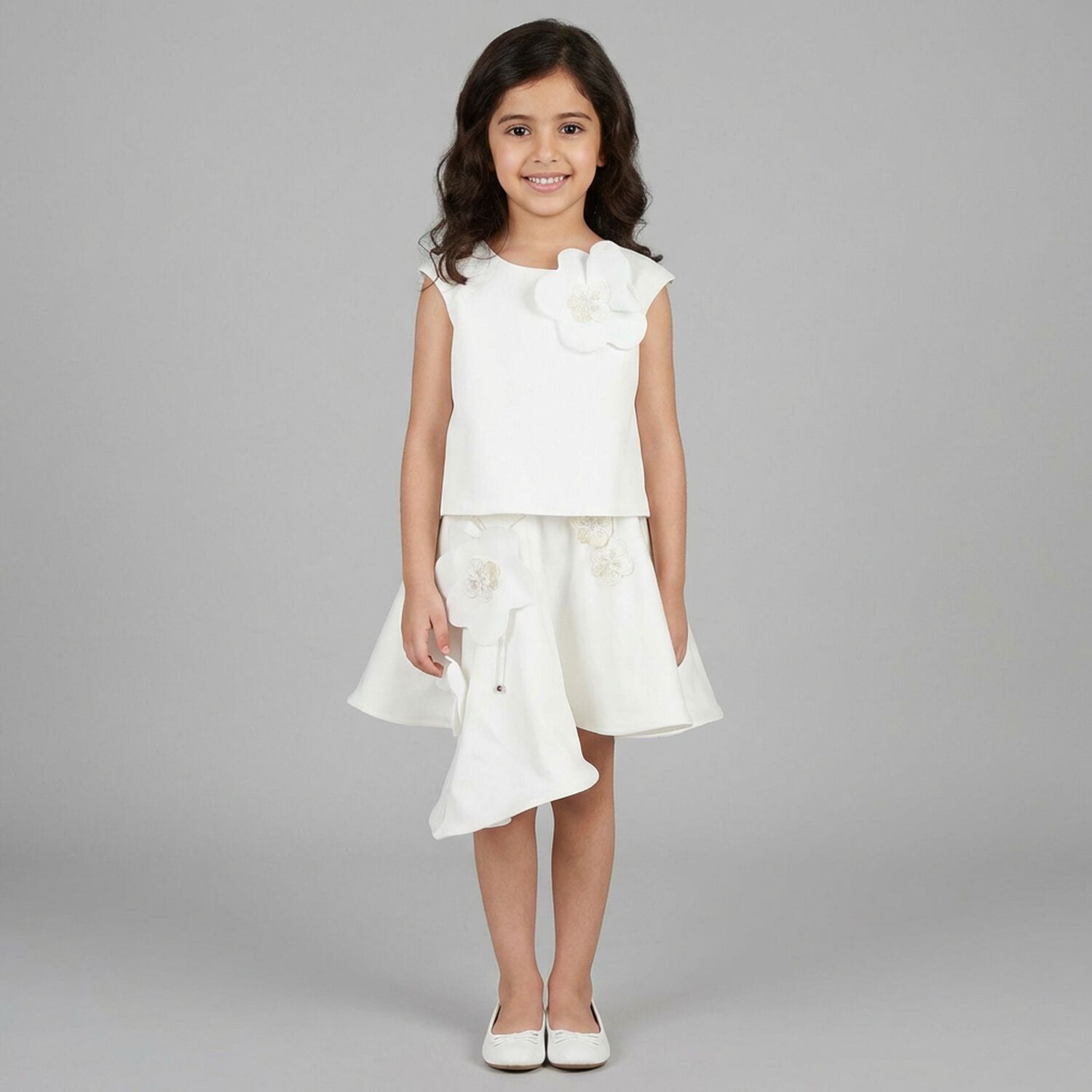 Girls White Floral Applique Dress, 1, hi-res