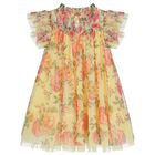 Girls Yellow & Pink Floral Tulle Dress, 2, hi-res