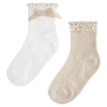 Girls White & Beige Bow & Pearl Socks ( 2-Pack ) 