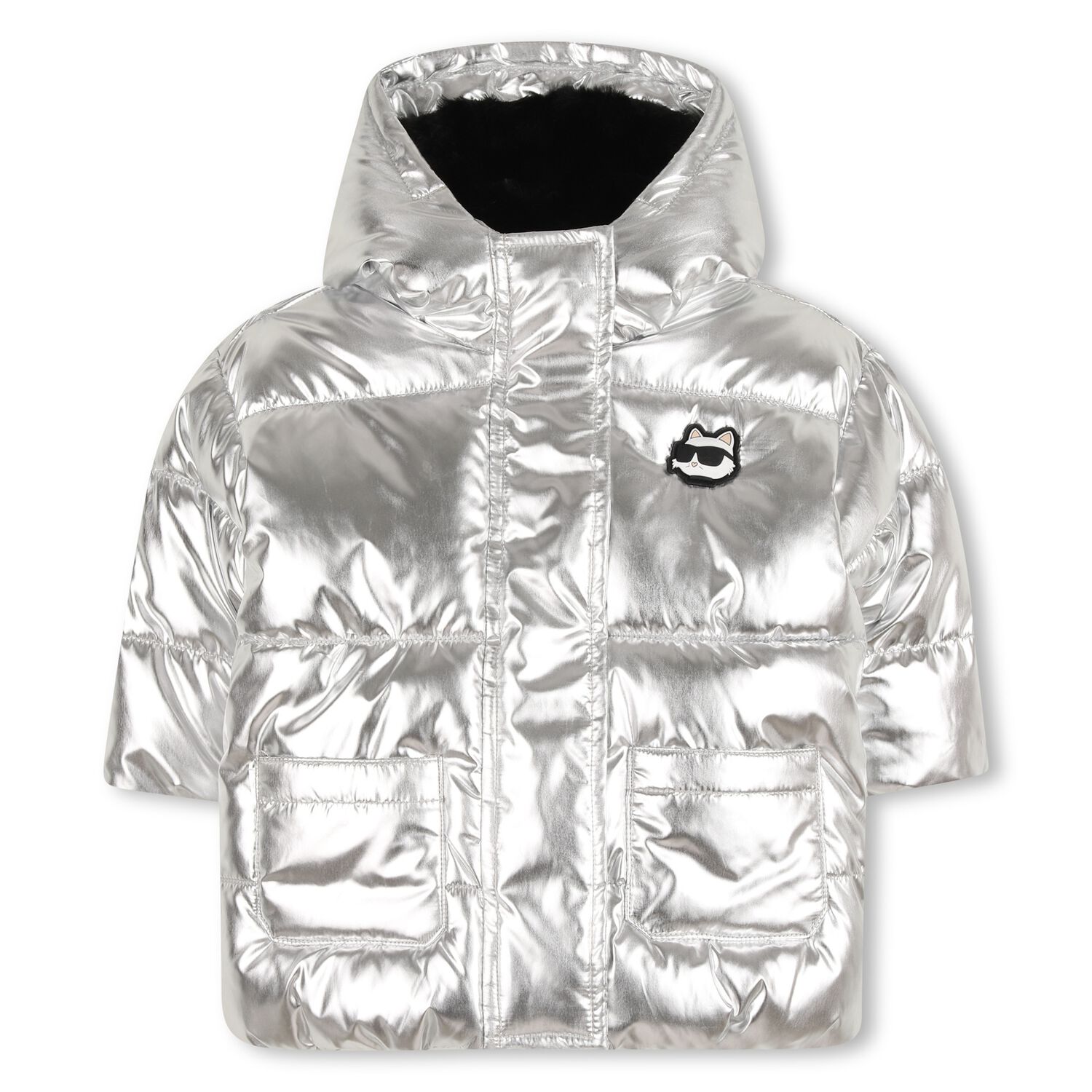 Younger Girls Silver Ikonik Choupette Hooded Puffer Jacket , 1, hi-res