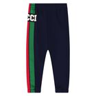 Younger Boys Navy Blue Logo Web Striped Joggers, 1, hi-res