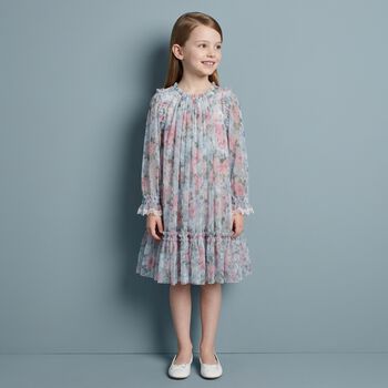 Girls Pink & Blue Floral Tulle Dress