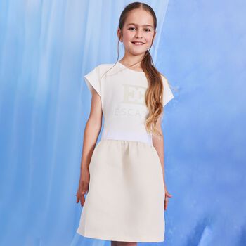 Girls Ivory & Gold Logo Dress