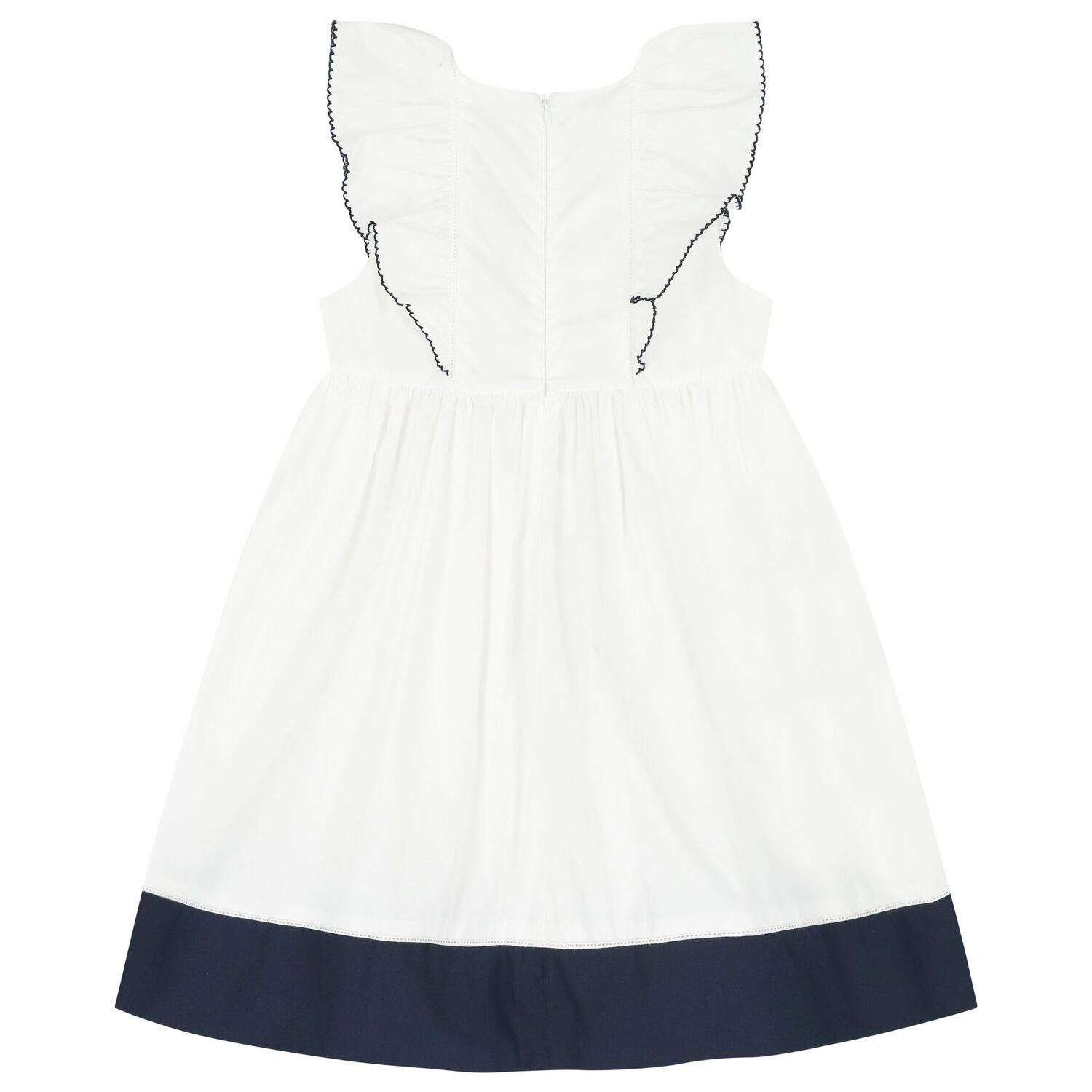 Girls White & Navy Blue Ruffled Dress, 1, hi-res