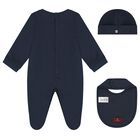 Boys Navy Blue & Gold Babygrow, Hat & Bib Gift Set, 1, hi-res
