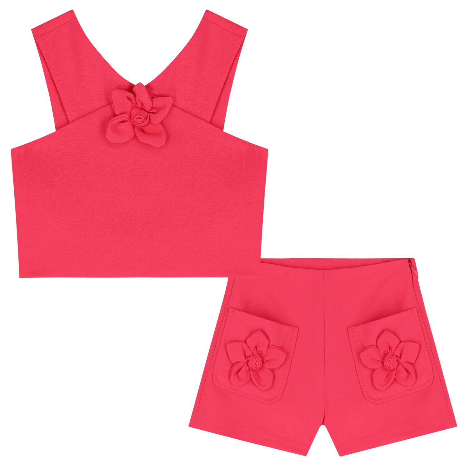 Girls Pink Crepe Flower Shorts Set, 1, hi-res