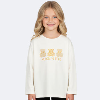 Girls Ivory & Gold Teddy Bear Logo Long Sleeve Top