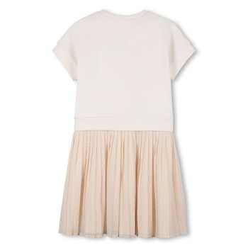 Girls Beige Logo Pleated Dress