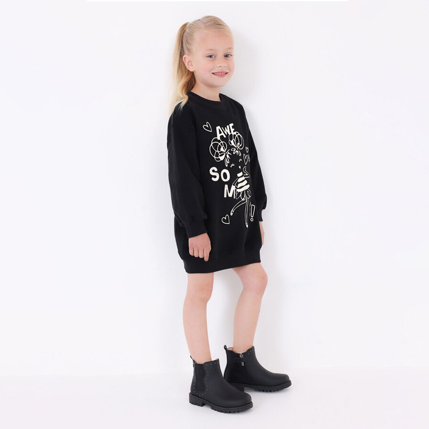 Girls Black & Silver Sweatshirt Dress, 1, hi-res