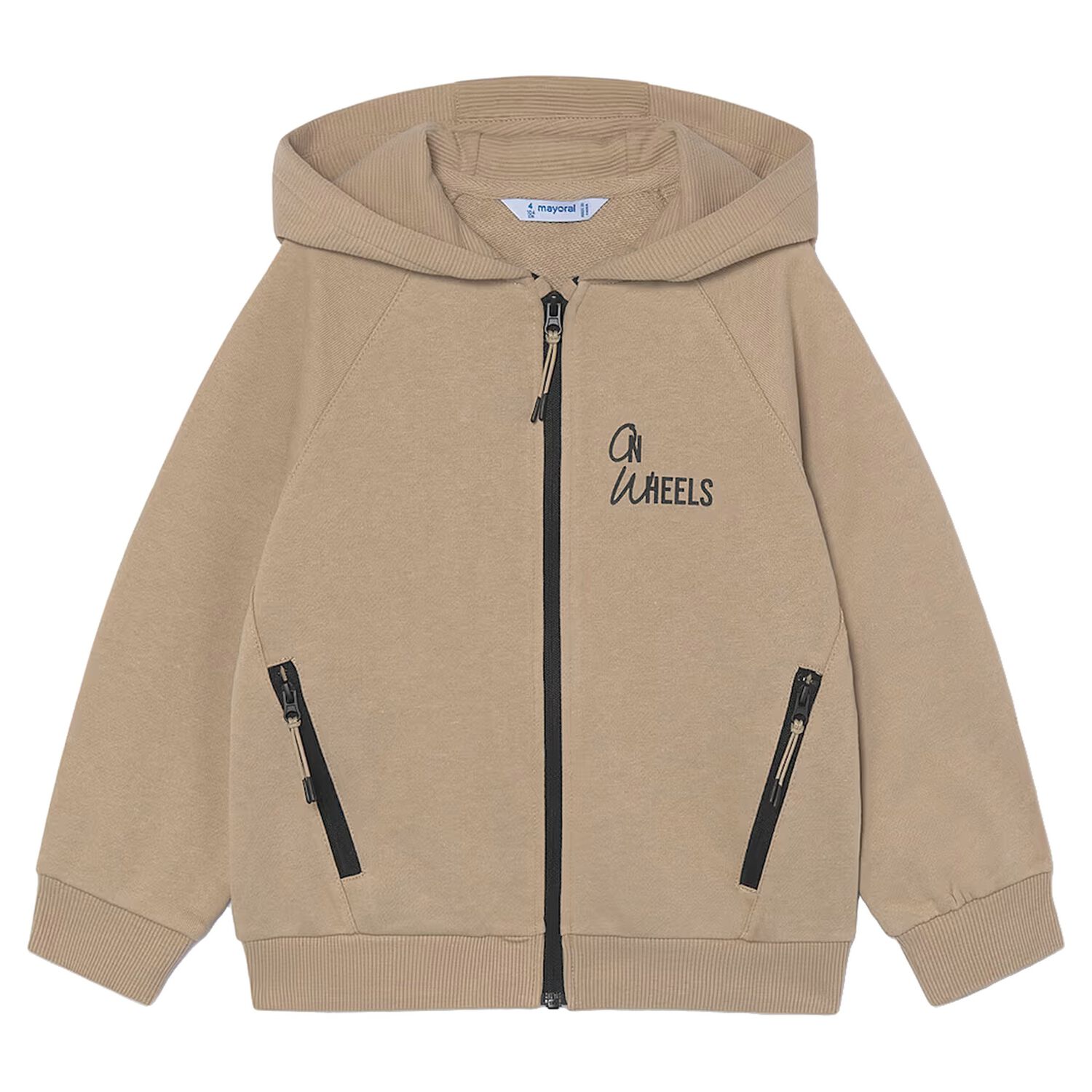 Boys Beige Hooded Zip Up Top, 2, hi-res